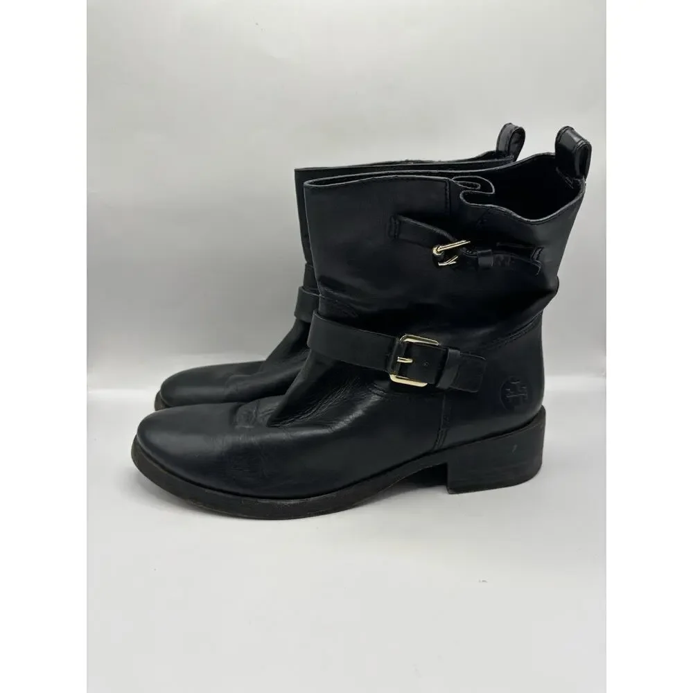 Tory Burch Bennie Moto Black Leather Boots Women Size 9